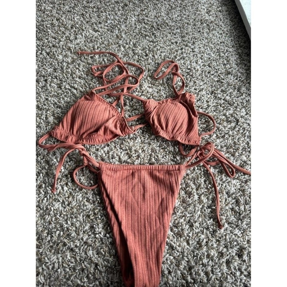 Terracotta Rust Ribbed Triangle Bikini Set with Ruffle Trim and Side Ties Small